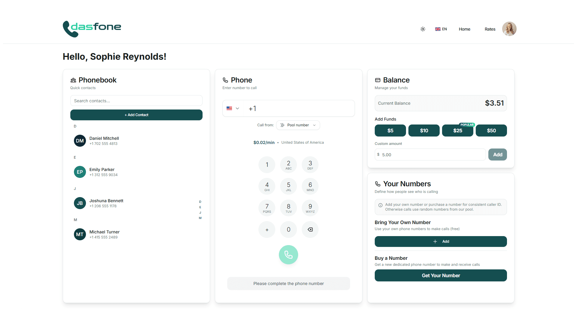 Interface de l'application dasfone